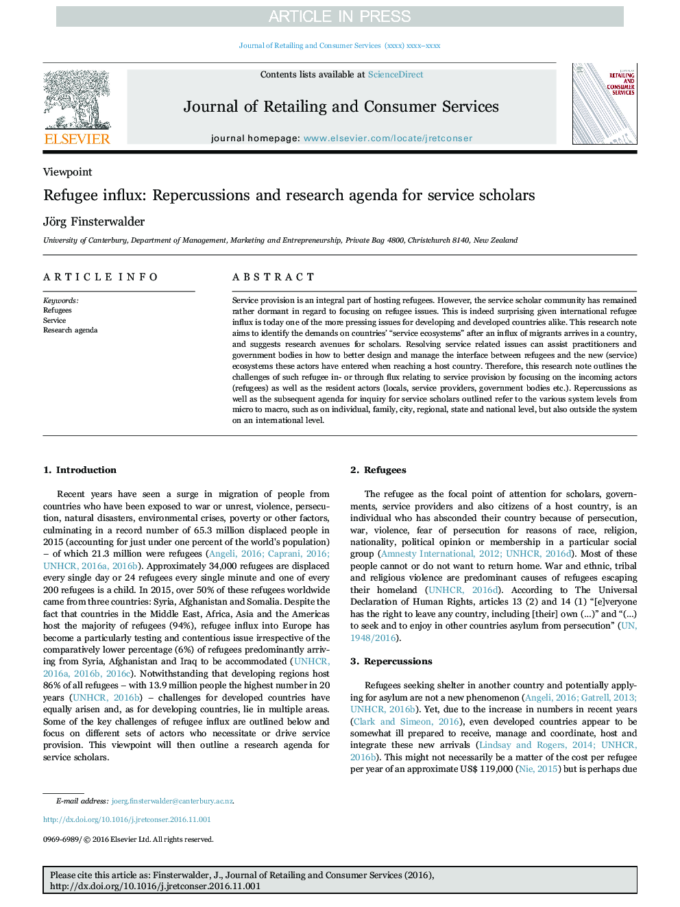 Refugee influx: Repercussions and research agenda for service scholars