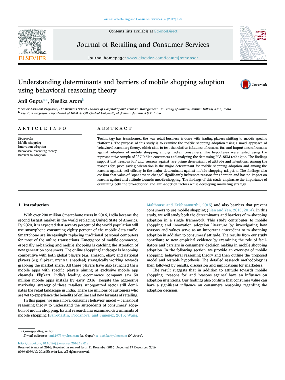 Understanding determinants and barriers of mobile shopping adoption using behavioral reasoning theory