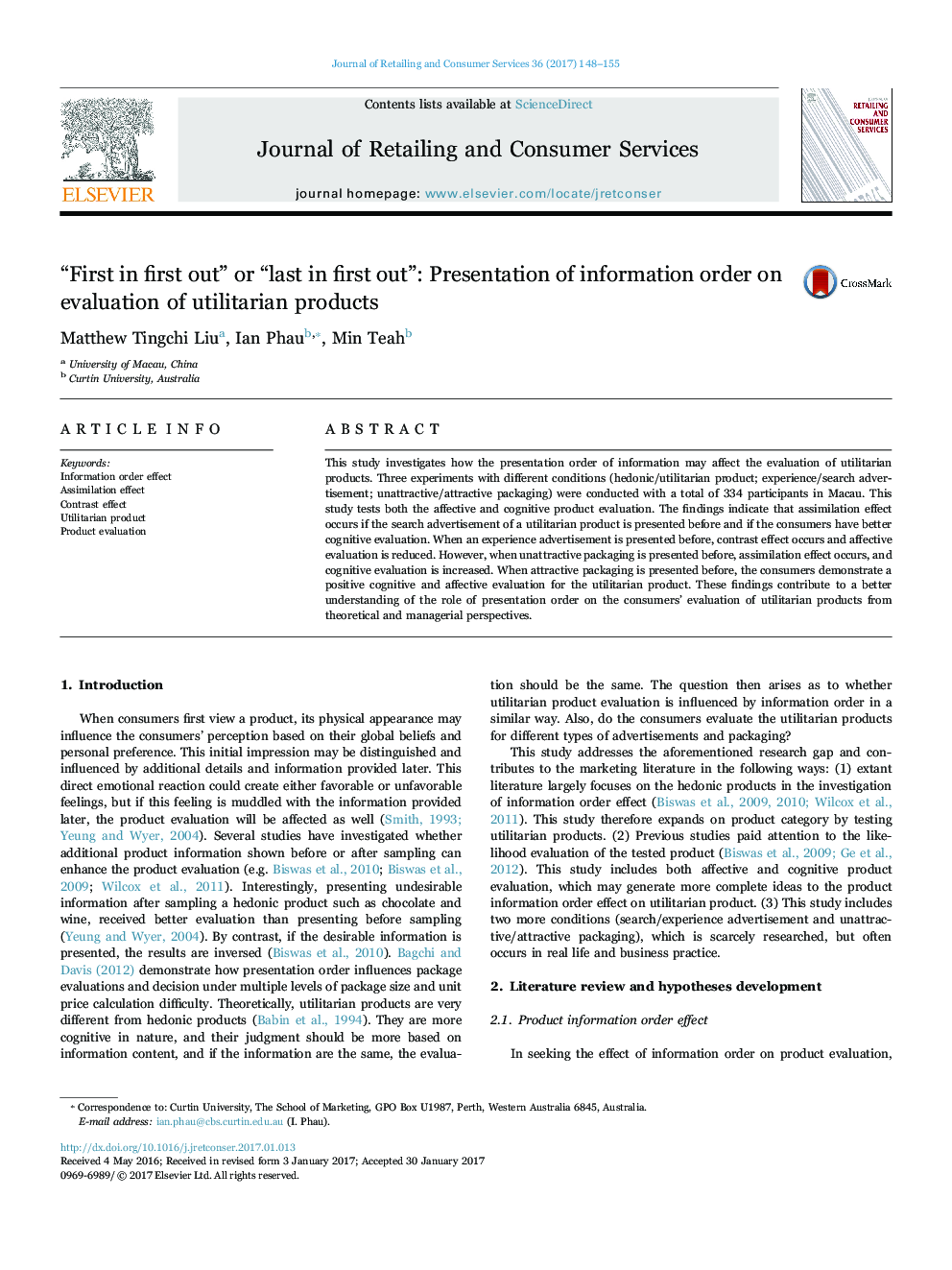 “First in first out” or “last in first out”: Presentation of information order on evaluation of utilitarian products