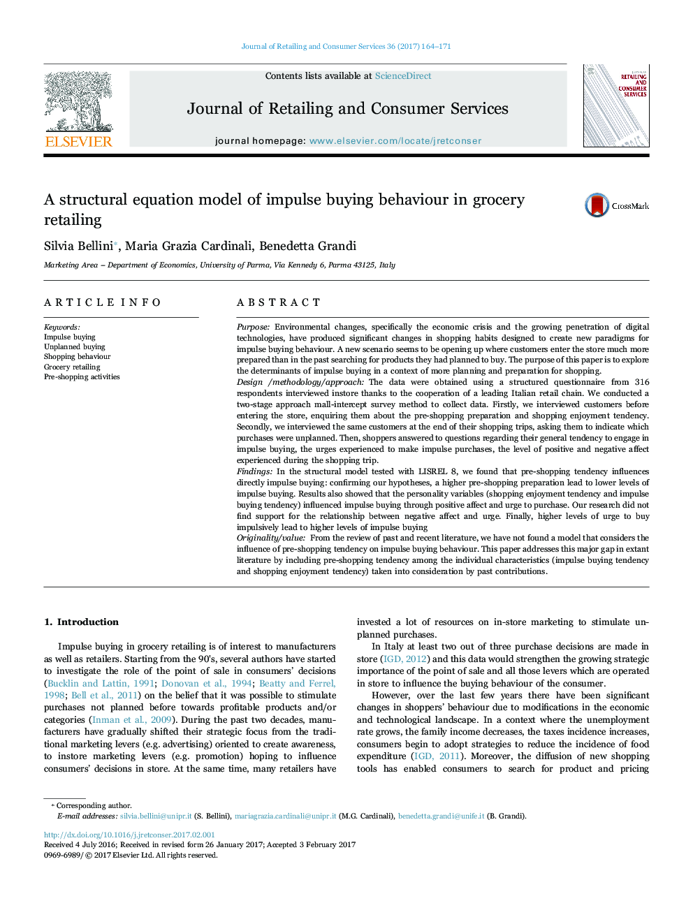 A structural equation model of impulse buying behaviour in grocery retailing