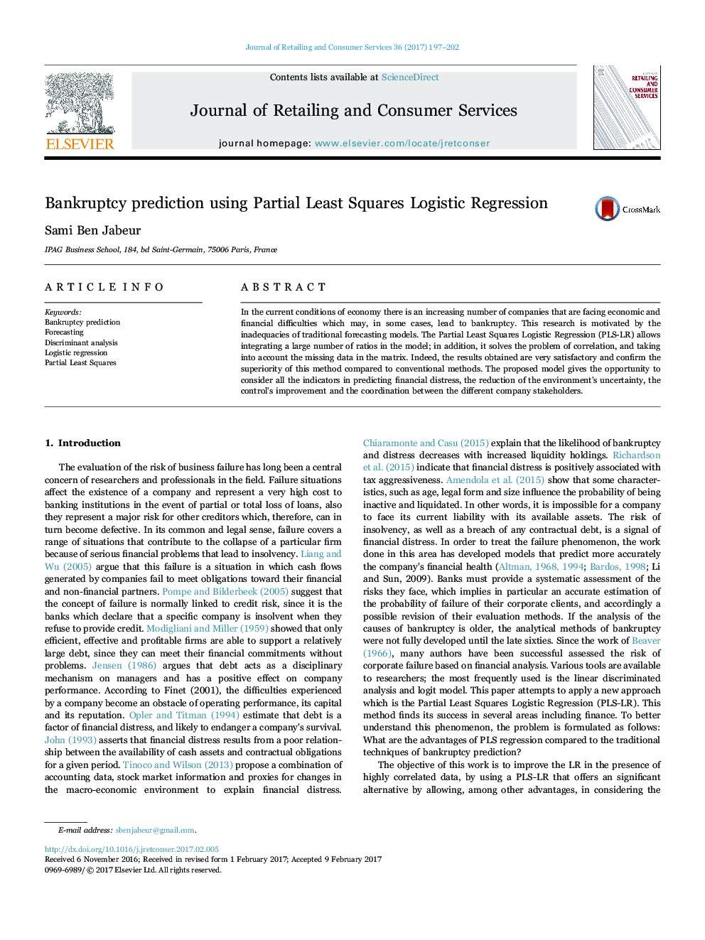 Bankruptcy prediction using Partial Least Squares Logistic Regression