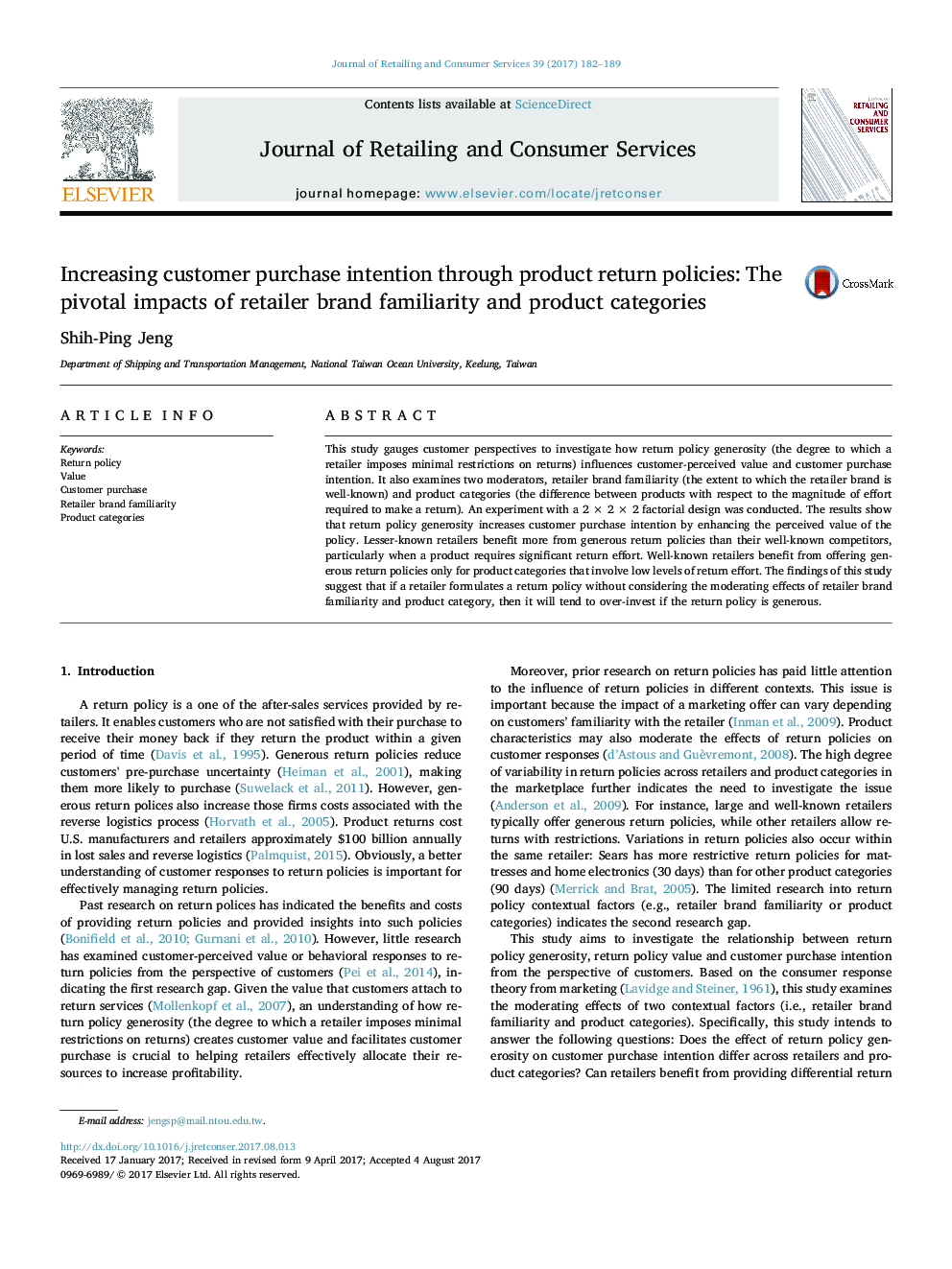 Increasing customer purchase intention through product return policies: The pivotal impacts of retailer brand familiarity and product categories