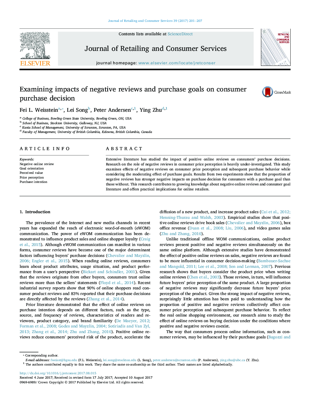 Examining impacts of negative reviews and purchase goals on consumer purchase decision