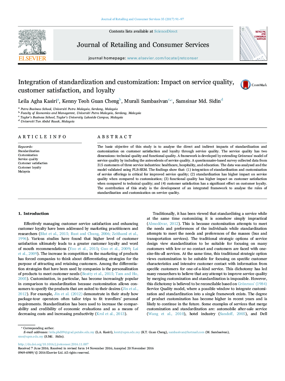 Integration of standardization and customization: Impact on service quality, customer satisfaction, and loyalty