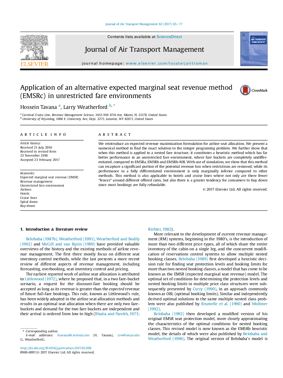 Application of an alternative expected marginal seat revenue method (EMSRc) in unrestricted fare environments