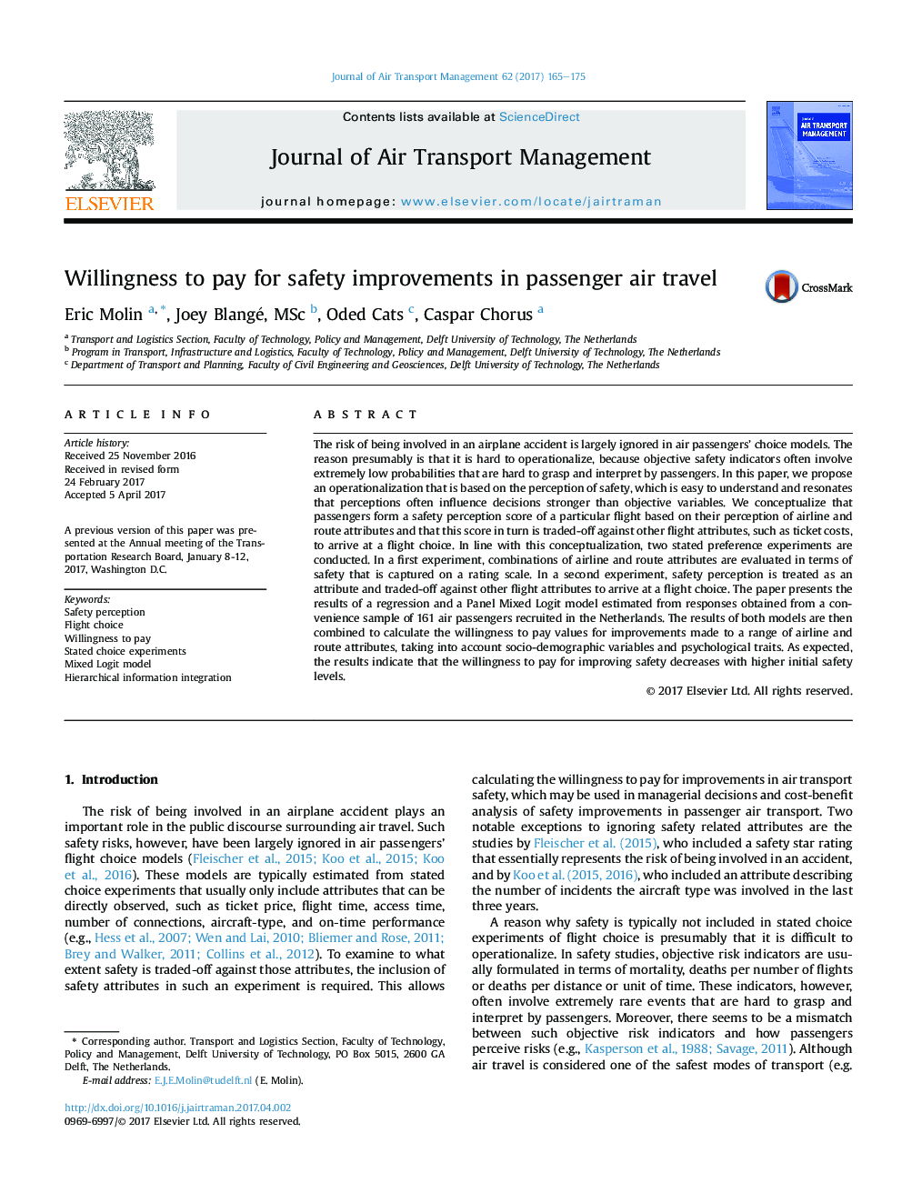 Willingness to pay for safety improvements in passenger air travel