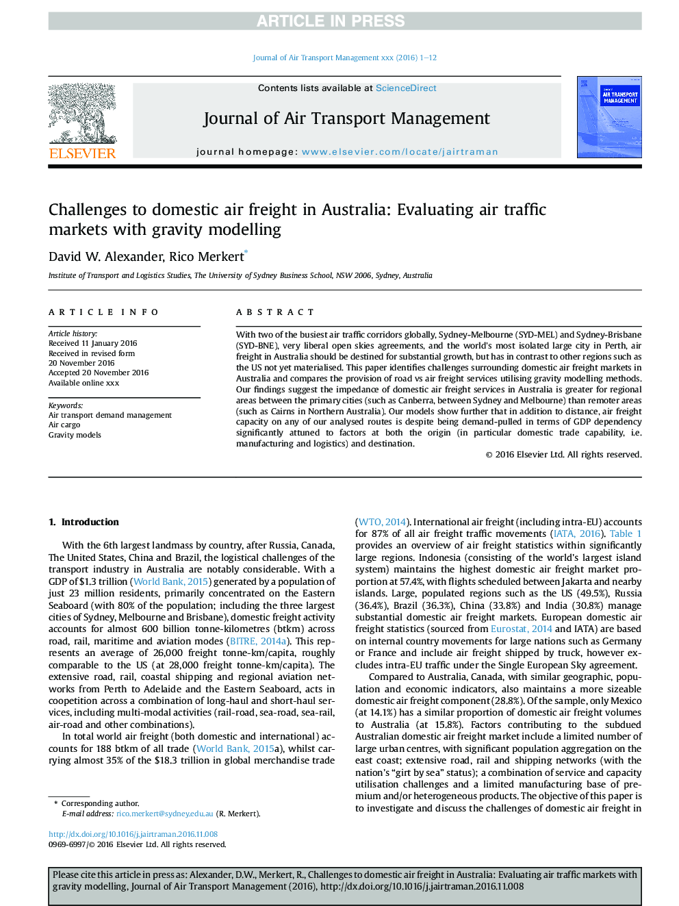 Challenges to domestic air freight in Australia: Evaluating air traffic markets with gravity modelling