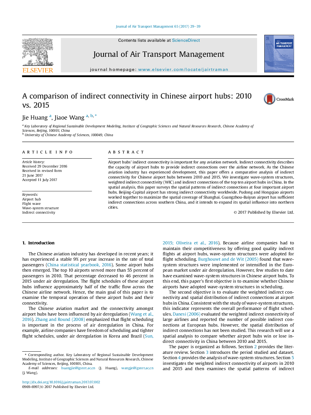 A comparison of indirect connectivity in Chinese airport hubs: 2010 vs. 2015