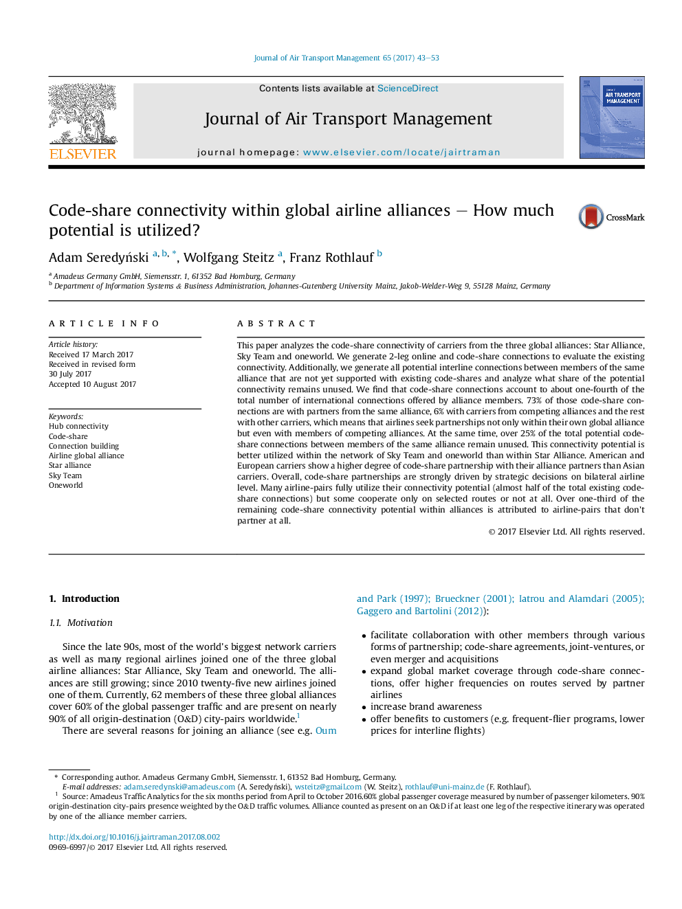 Code-share connectivity within global airline alliances - How much potential is utilized?