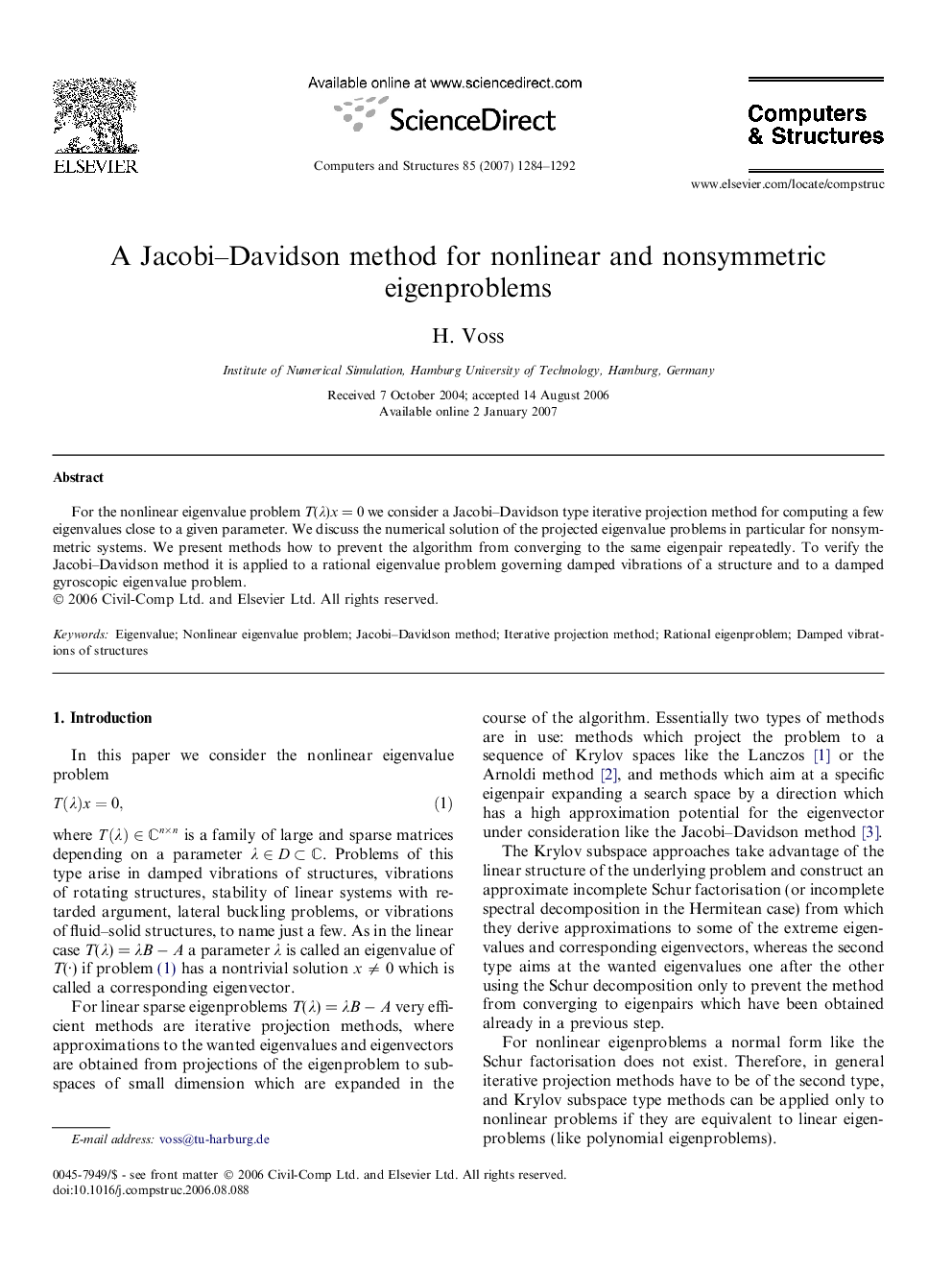 A Jacobi–Davidson method for nonlinear and nonsymmetric eigenproblems