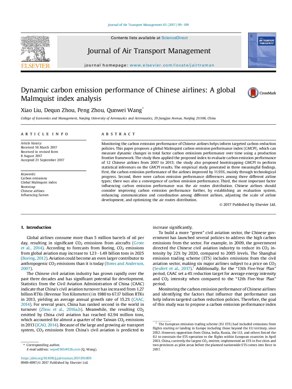 Dynamic carbon emission performance of Chinese airlines: A global Malmquist index analysis