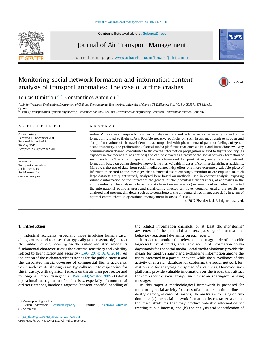 Monitoring social network formation and information content analysis of transport anomalies: The case of airline crashes