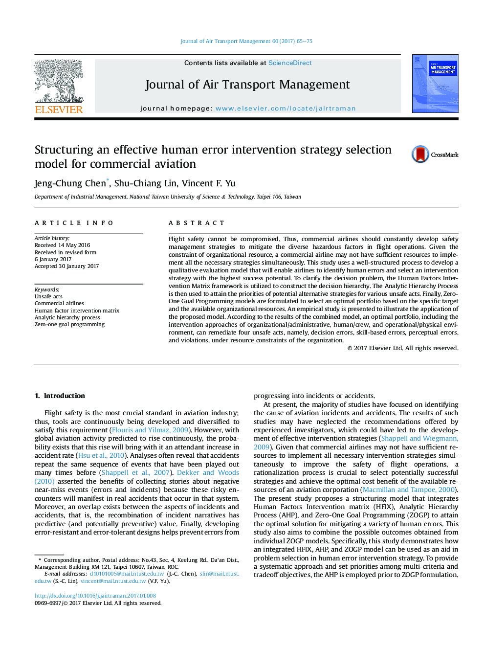 Structuring an effective human error intervention strategy selection model for commercial aviation