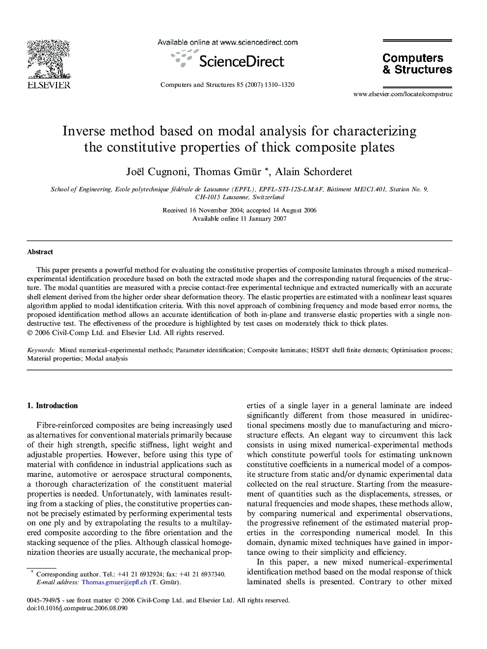 Inverse method based on modal analysis for characterizing the constitutive properties of thick composite plates