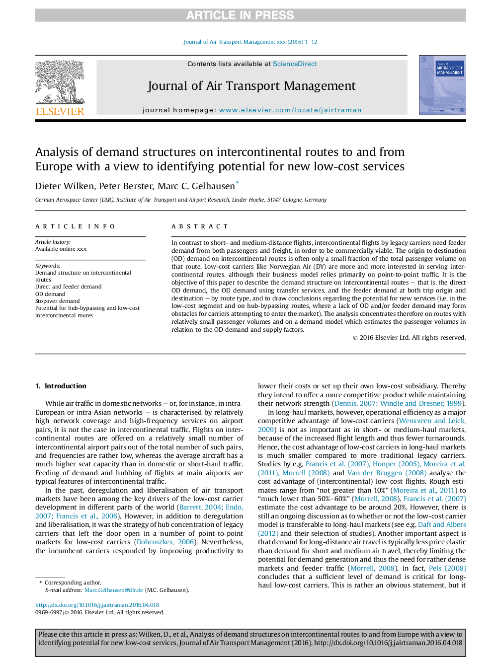 Analysis of demand structures on intercontinental routes to and from Europe with a view to identifying potential for new low-cost services