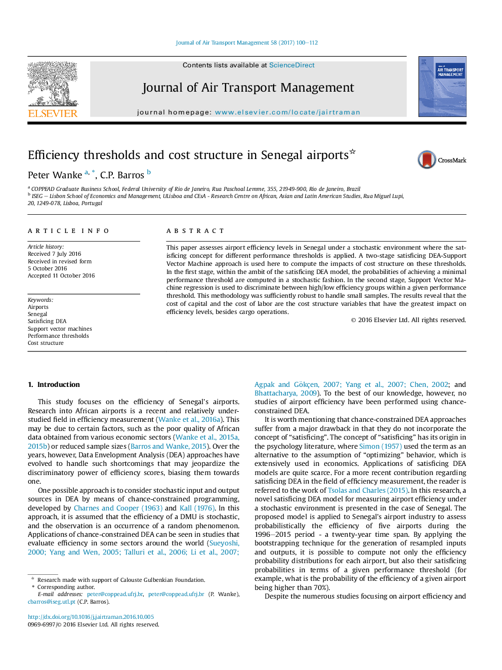 Efficiency thresholds and cost structure in Senegal airports