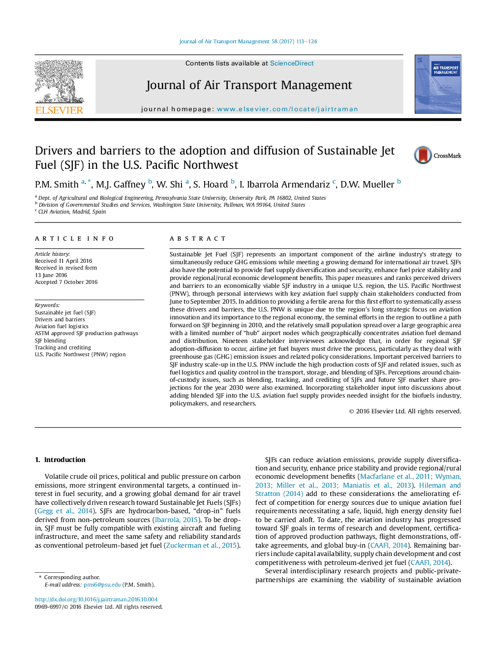 Drivers and barriers to the adoption and diffusion of Sustainable Jet Fuel (SJF) in the U.S. Pacific Northwest