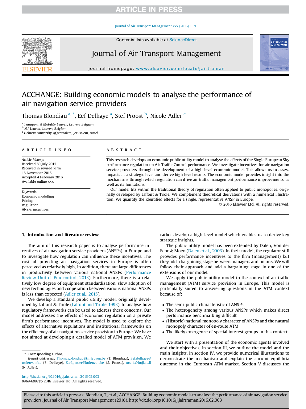 ACCHANGE: Building economic models to analyse the performance of air navigation service providers