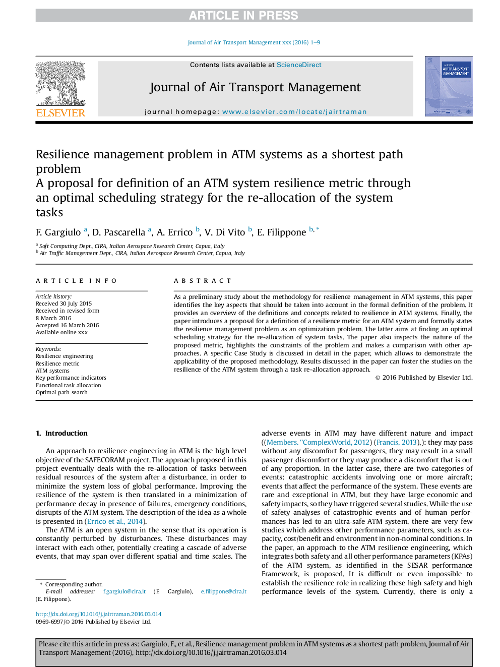 Resilience management problem in ATM systems as a shortest pathÂ problem