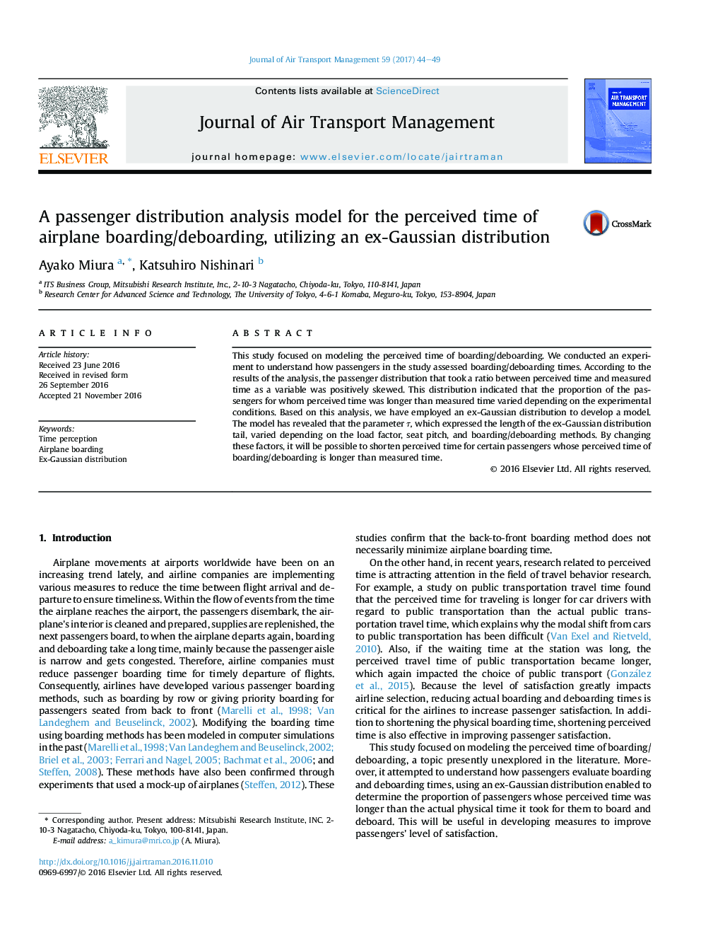 A passenger distribution analysis model for the perceived time of airplane boarding/deboarding, utilizing an ex-Gaussian distribution