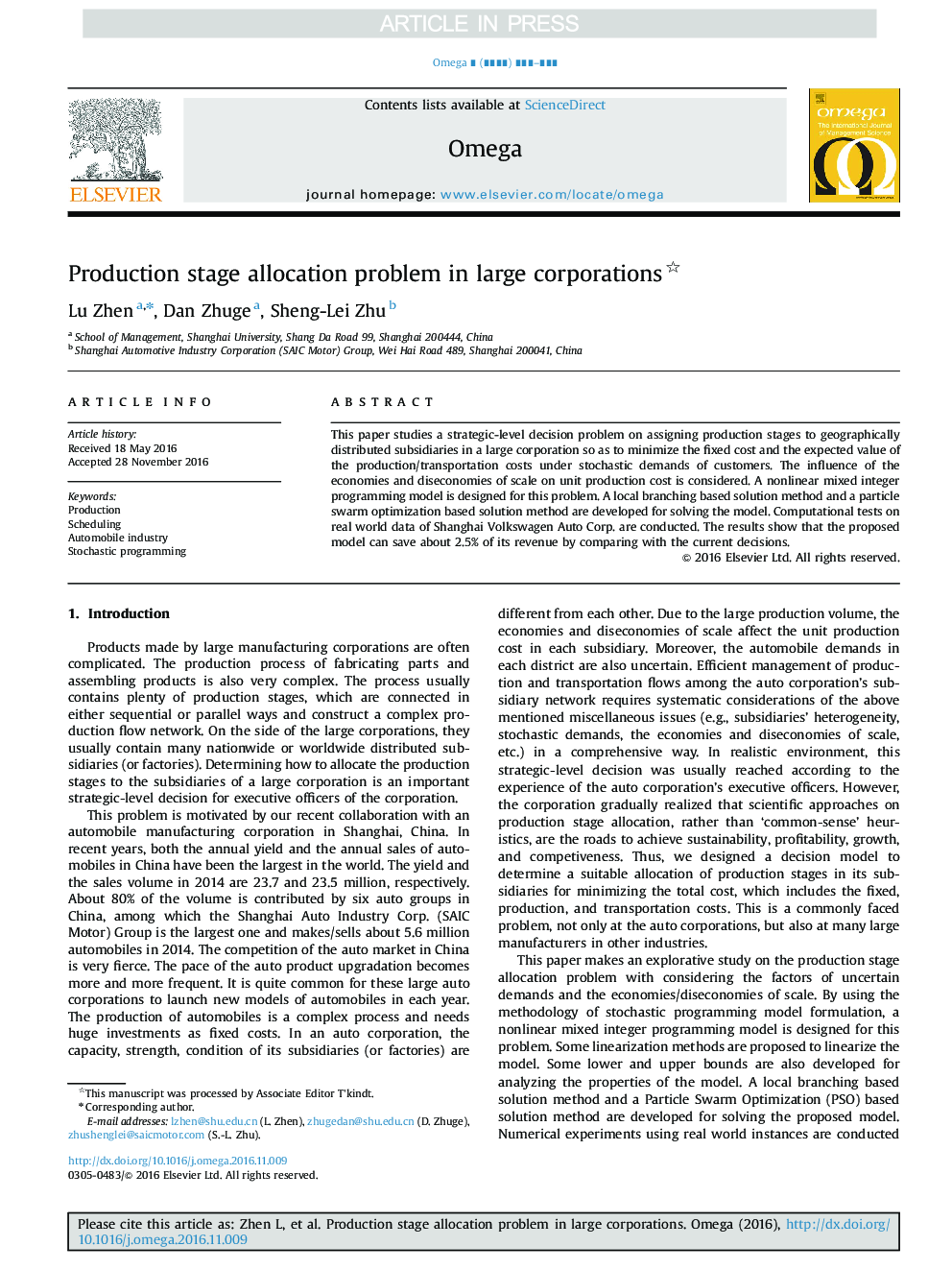 Production stage allocation problem in large corporations