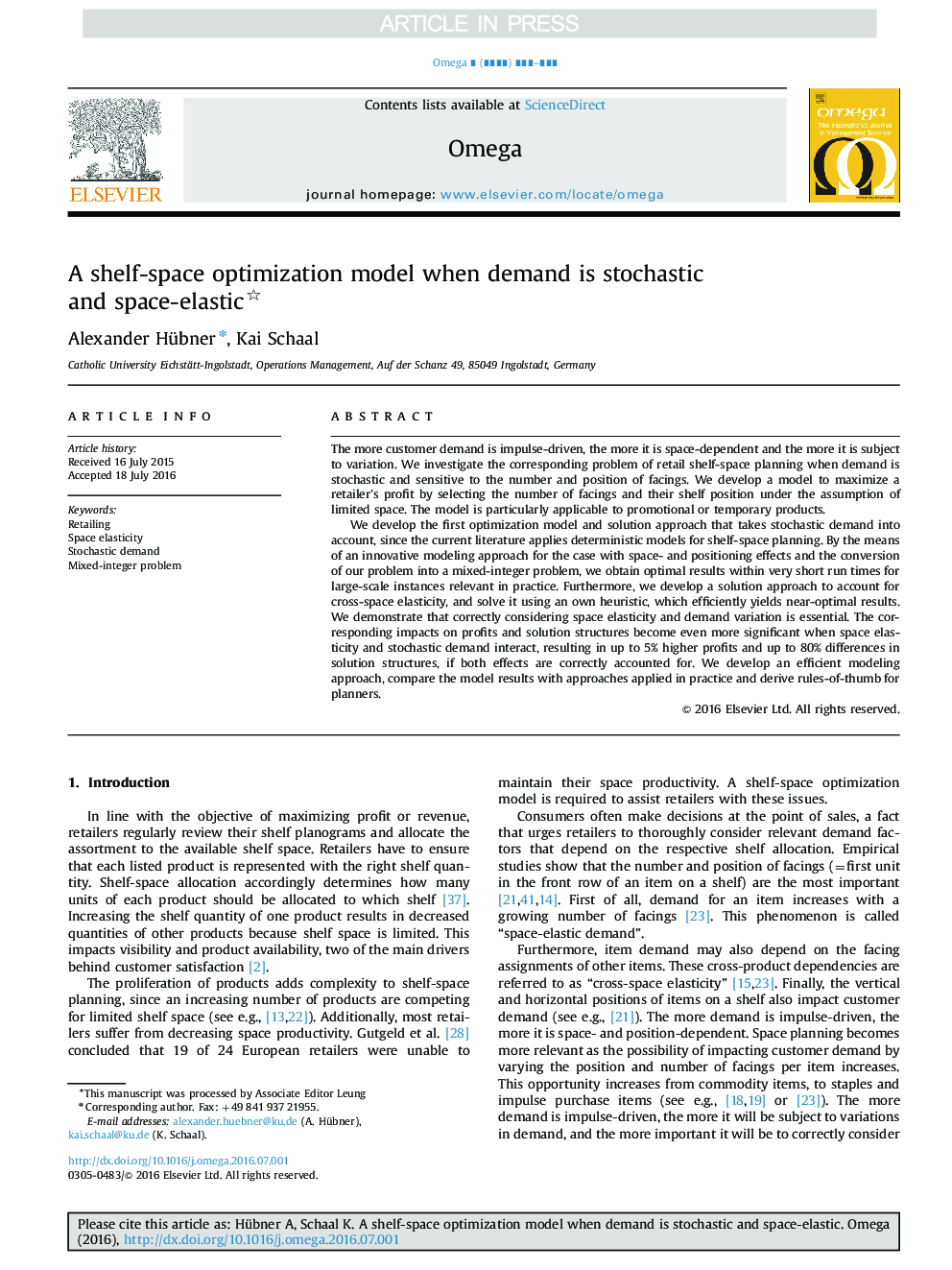 A shelf-space optimization model when demand is stochastic and space-elastic