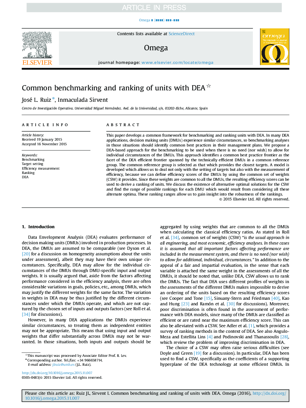 Common benchmarking and ranking of units with DEA