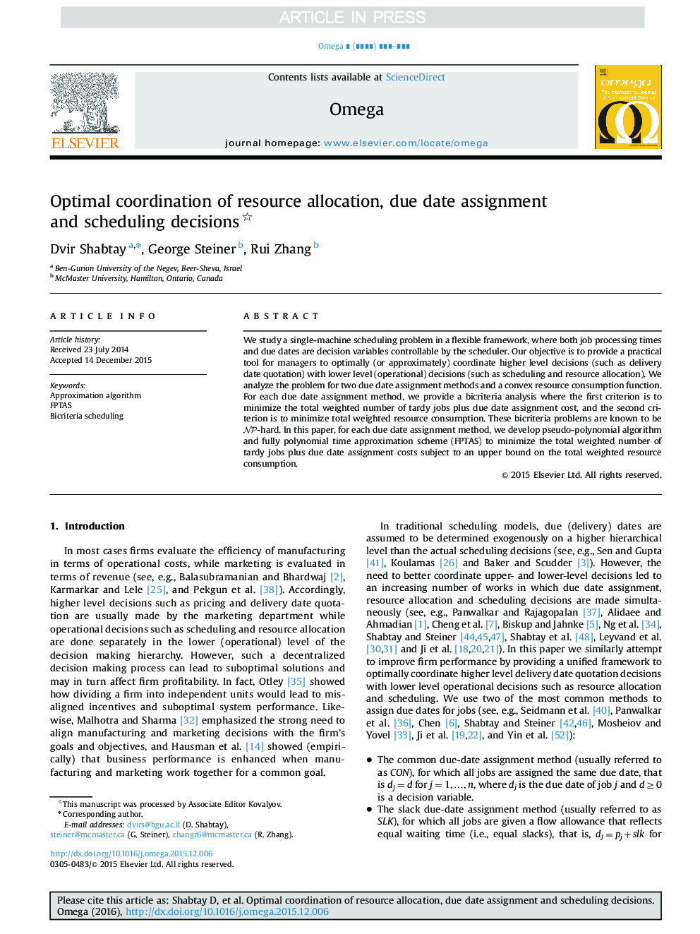 Optimal coordination of resource allocation, due date assignment and scheduling decisions