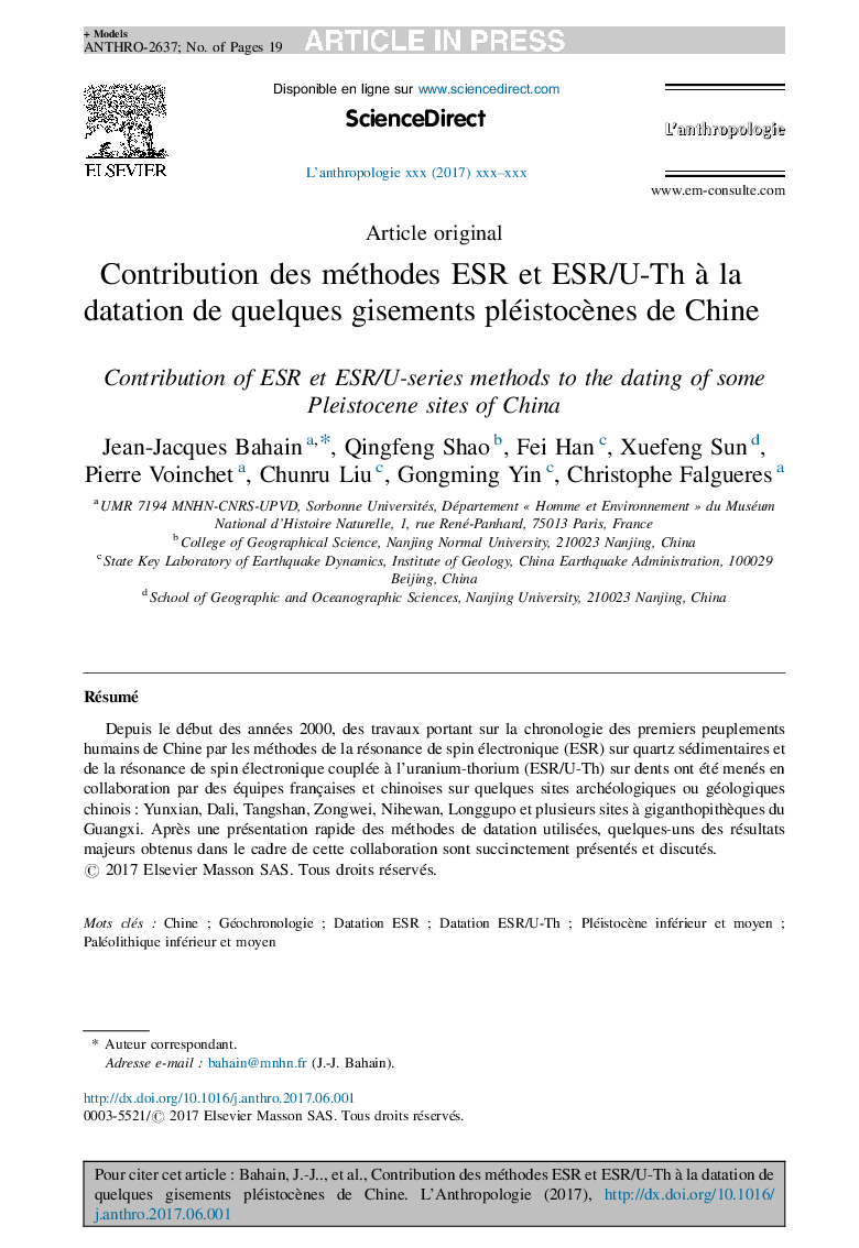 Contribution des méthodes ESR et ESR/U-Th Ã  la datation de quelques gisements pléistocÃ¨nes de Chine