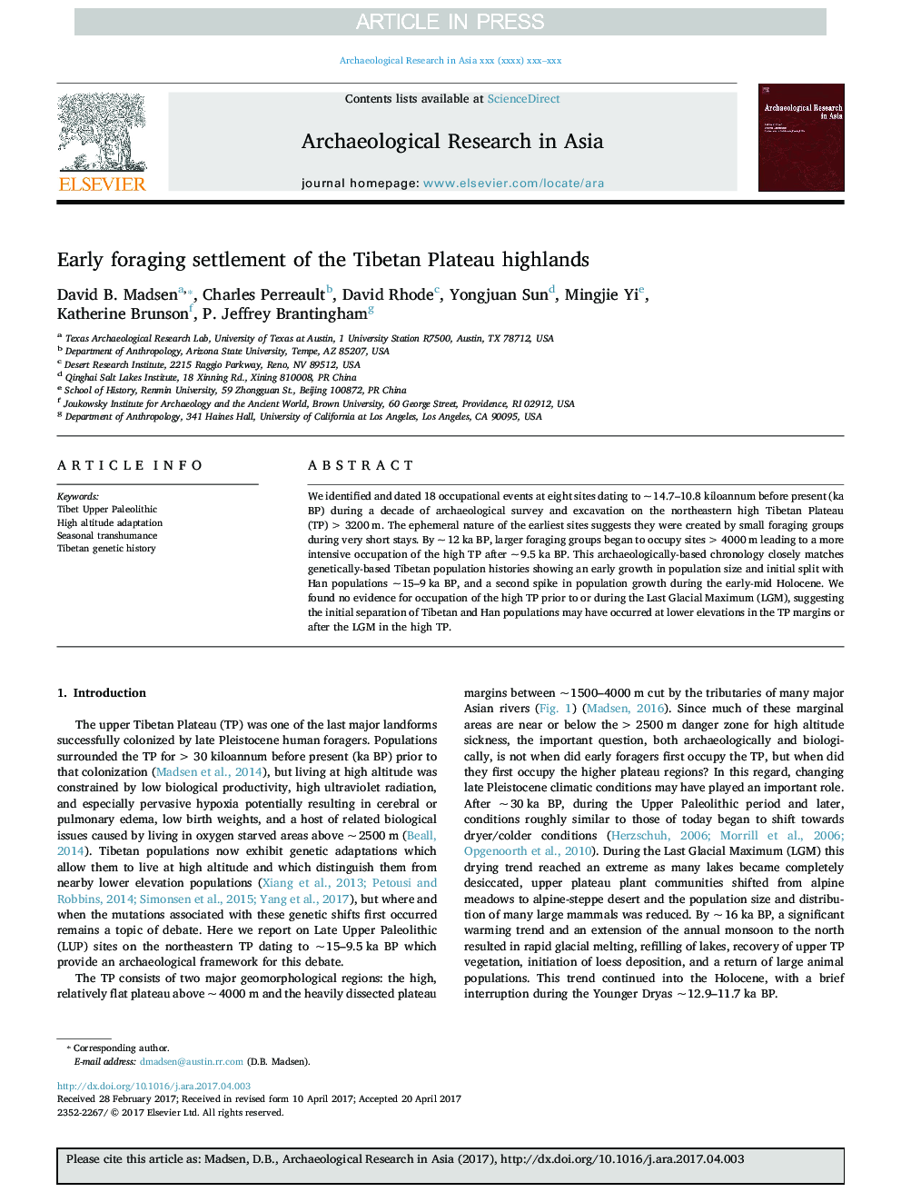 Early foraging settlement of the Tibetan Plateau highlands