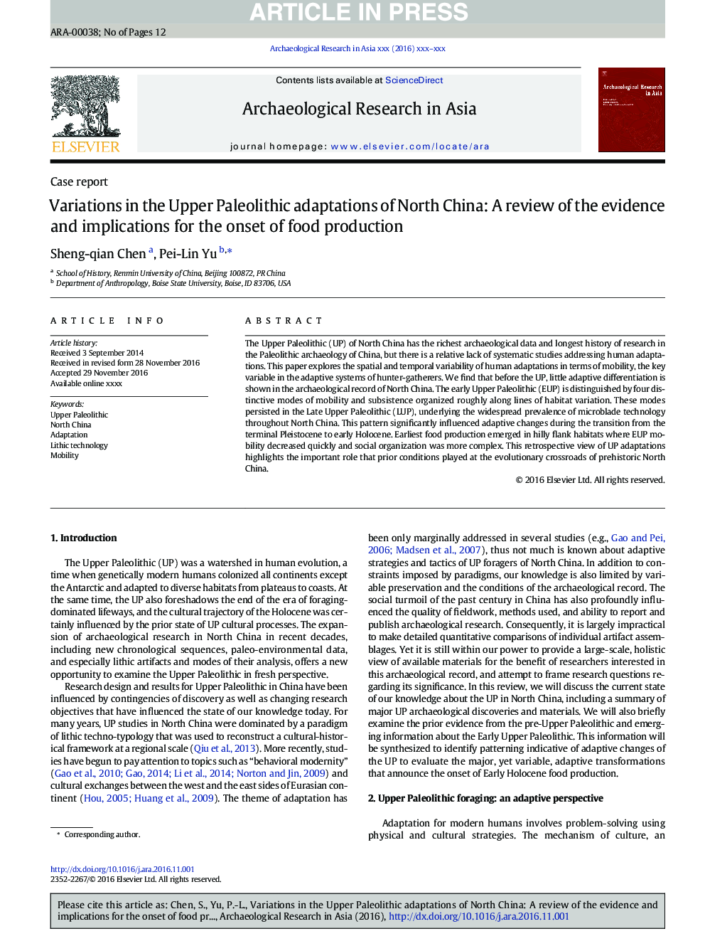 Variations in the Upper Paleolithic adaptations of North China: A review of the evidence and implications for the onset of food production