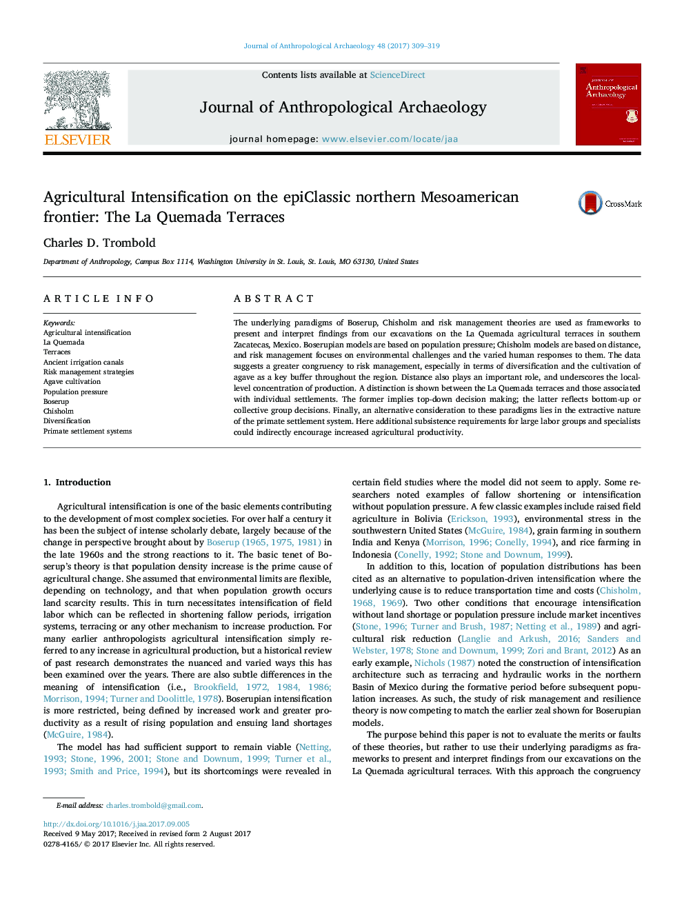 Agricultural Intensification on the epiClassic northern Mesoamerican frontier: The La Quemada Terraces