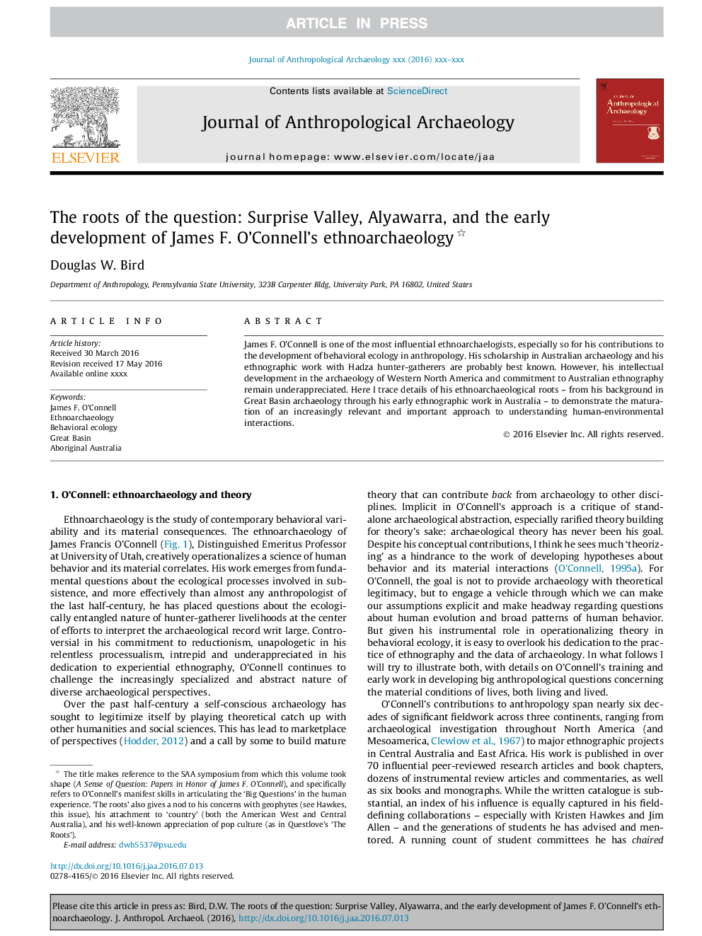 The roots of the question: Surprise Valley, Alyawarra, and the early development of James F. O'Connell's ethnoarchaeology