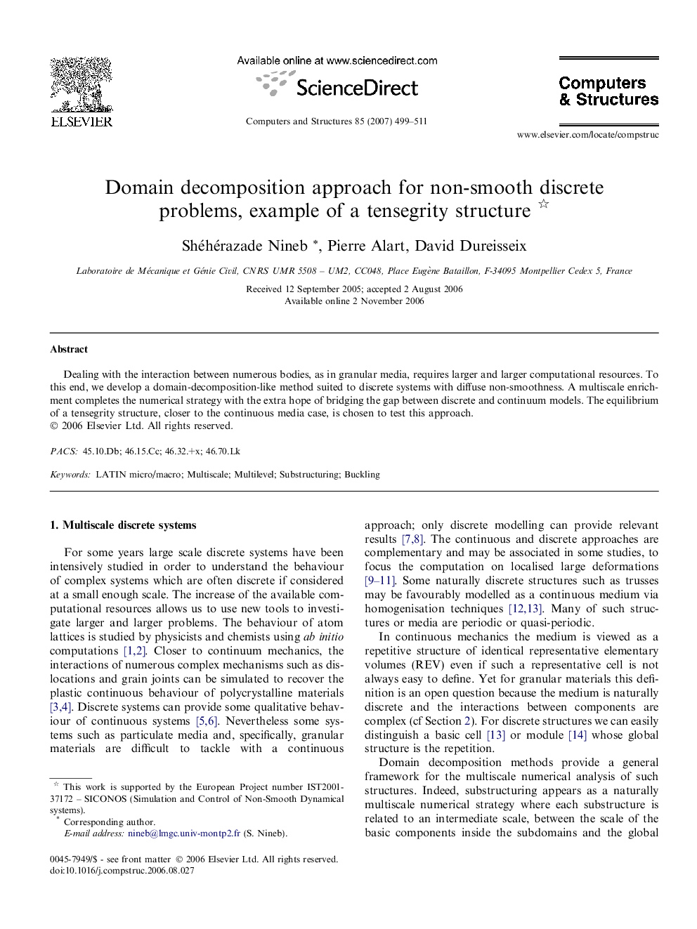 Domain decomposition approach for non-smooth discrete problems, example of a tensegrity structure 