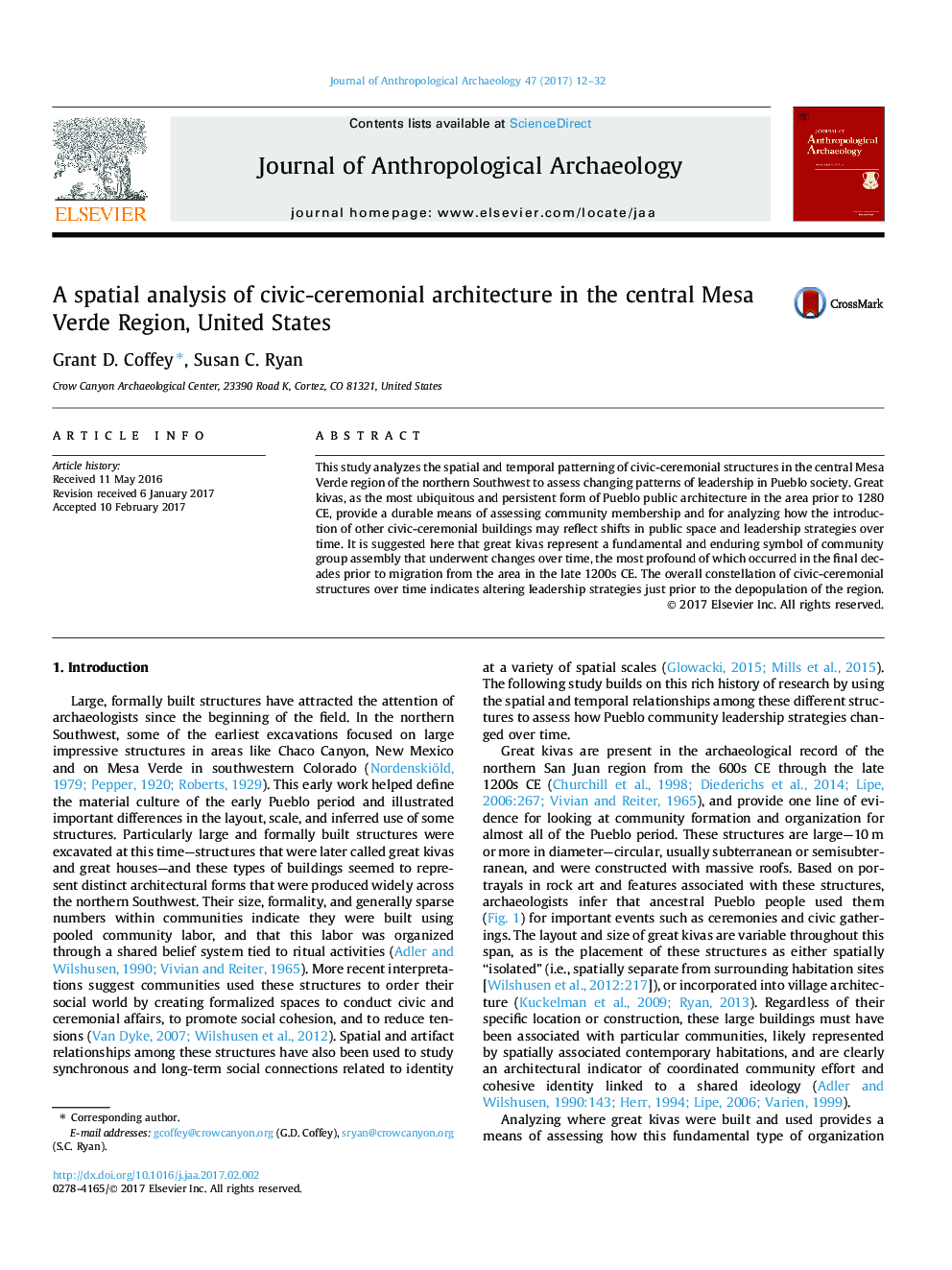 A spatial analysis of civic-ceremonial architecture in the central Mesa Verde Region, United States