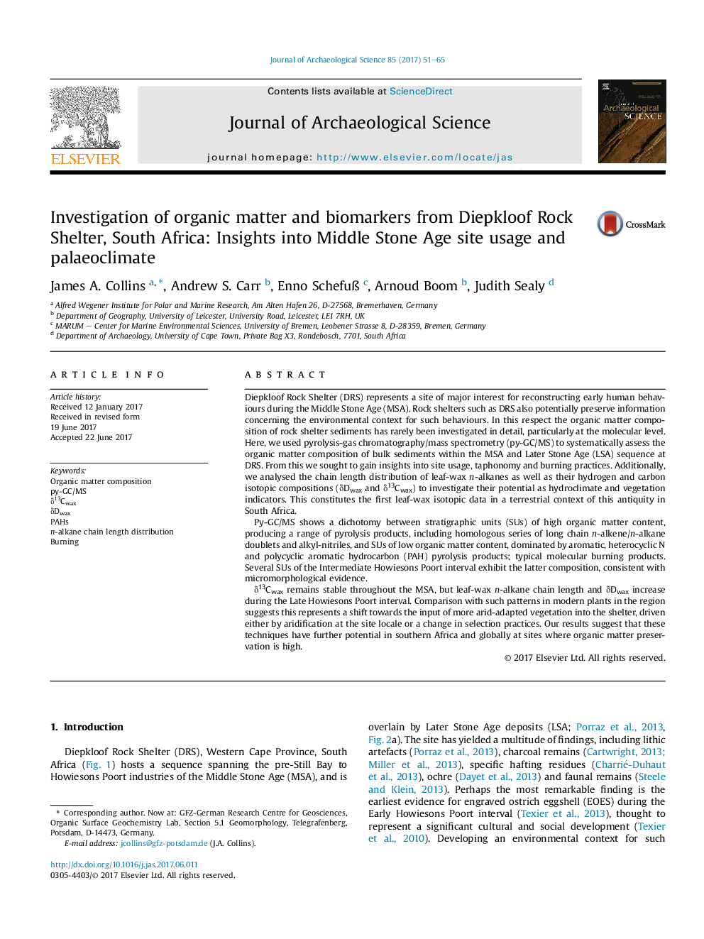 Investigation of organic matter and biomarkers from Diepkloof Rock Shelter, South Africa: Insights into Middle Stone Age site usage and palaeoclimate