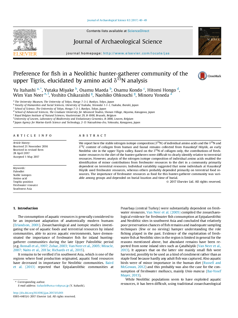 Preference for fish in a Neolithic hunter-gatherer community of the upper Tigris, elucidated by amino acid Î´15N analysis