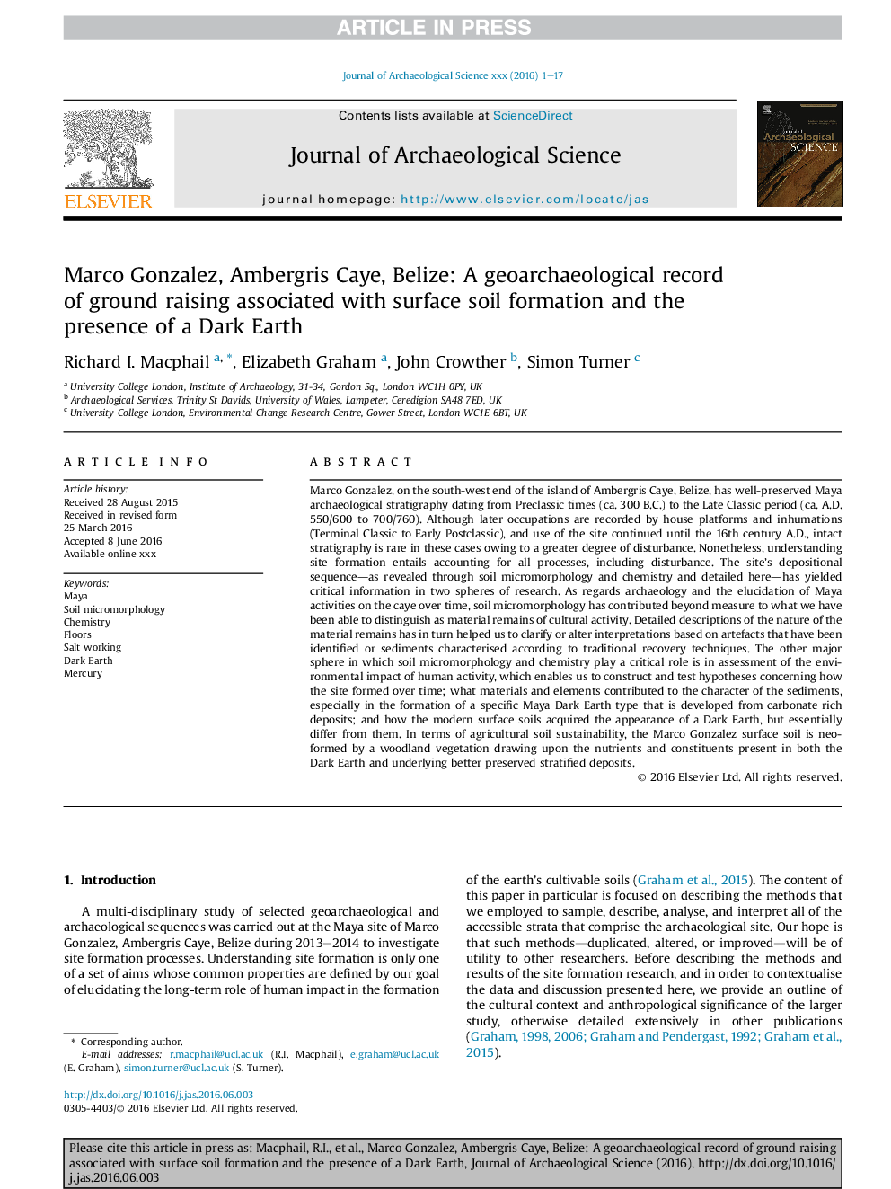 Marco Gonzalez, Ambergris Caye, Belize: A geoarchaeological record of ground raising associated with surface soil formation and the presence of a Dark Earth