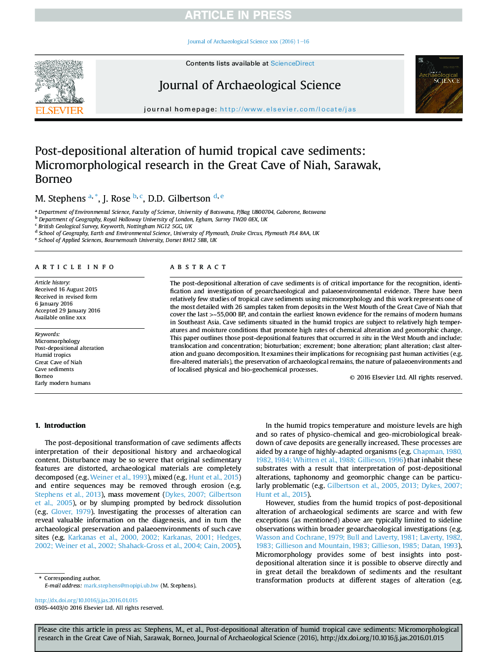 Post-depositional alteration of humid tropical cave sediments: Micromorphological research in the Great Cave of Niah, Sarawak, Borneo