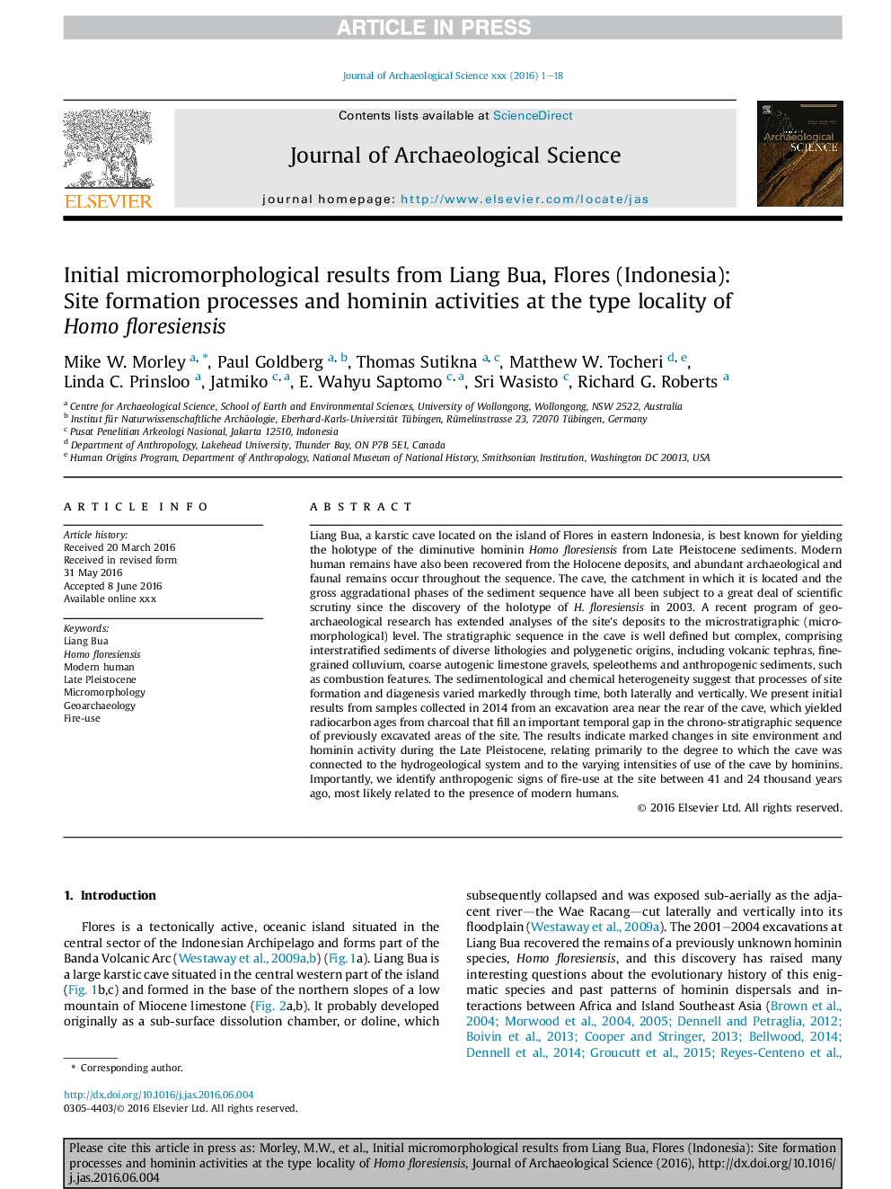 Initial micromorphological results from Liang Bua, Flores (Indonesia): Site formation processes and hominin activities at the type locality of Homo floresiensis