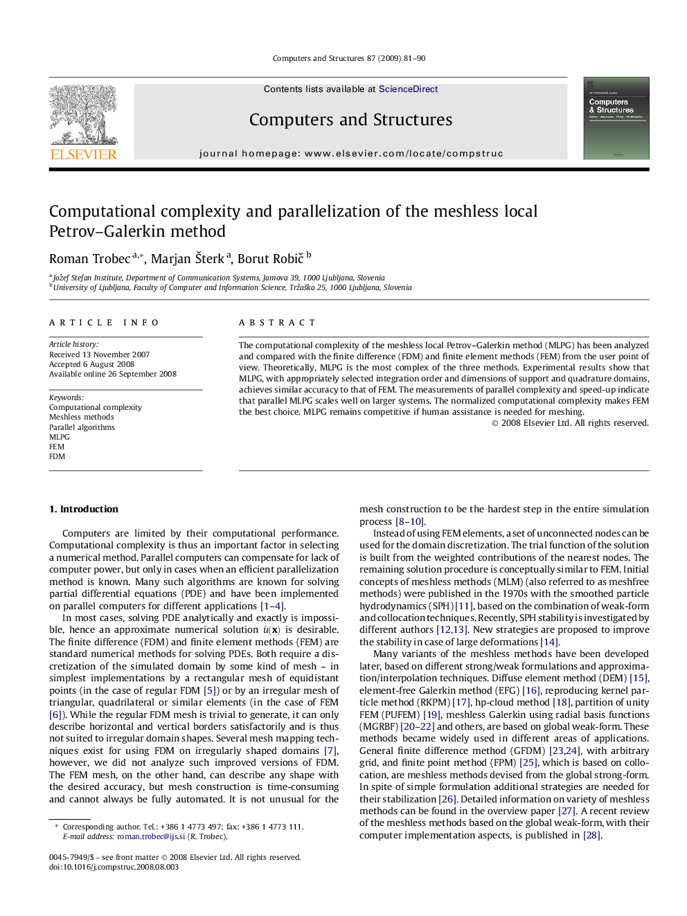 Computational complexity and parallelization of the meshless local Petrov–Galerkin method