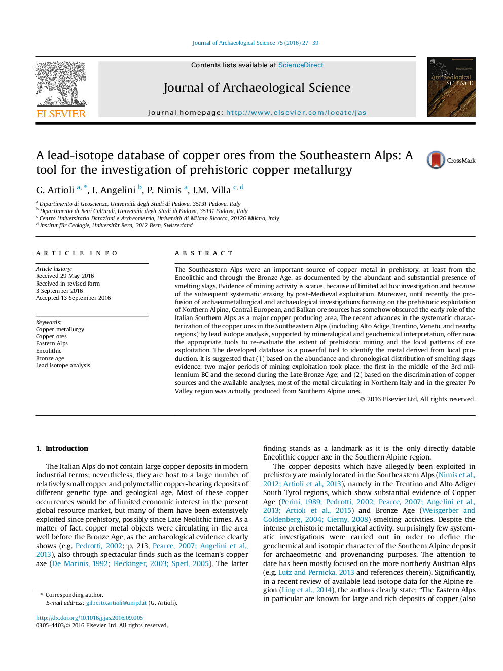 A lead-isotope database of copper ores from the Southeastern Alps: A tool for the investigation of prehistoric copper metallurgy