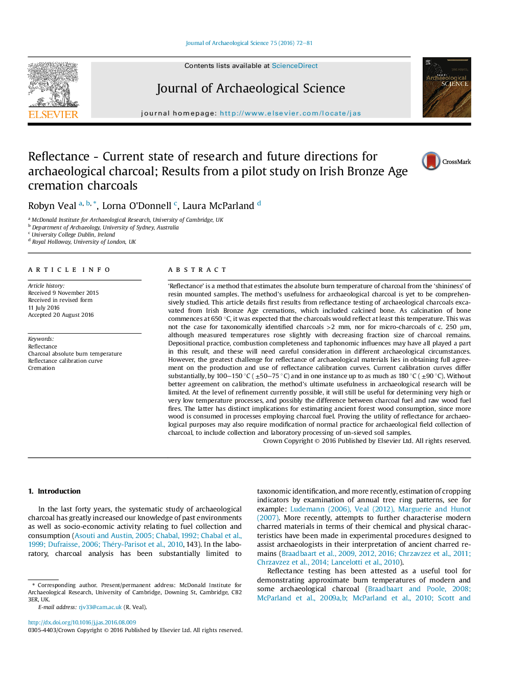 Reflectance - Current state of research and future directions for archaeological charcoal; Results from a pilot study on Irish Bronze Age cremation charcoals