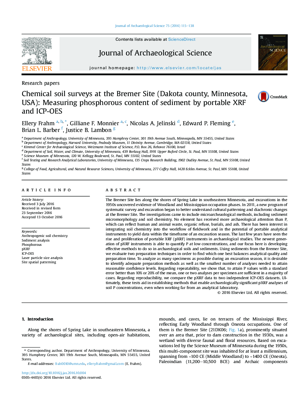 Chemical soil surveys at the Bremer Site (Dakota county, Minnesota, USA): Measuring phosphorous content of sediment by portable XRF and ICP-OES