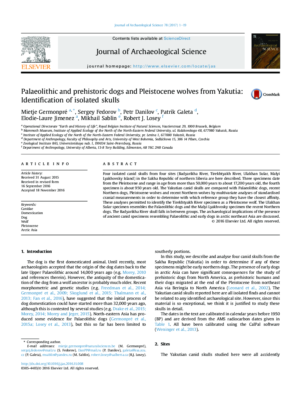 Palaeolithic and prehistoric dogs and Pleistocene wolves from Yakutia: Identification of isolated skulls