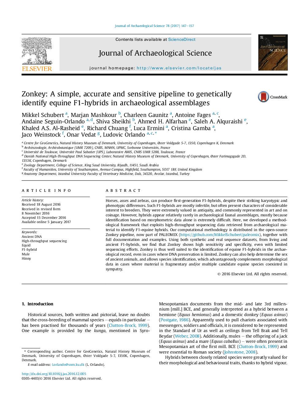 Zonkey: A simple, accurate and sensitive pipeline to genetically identify equine F1-hybrids in archaeological assemblages