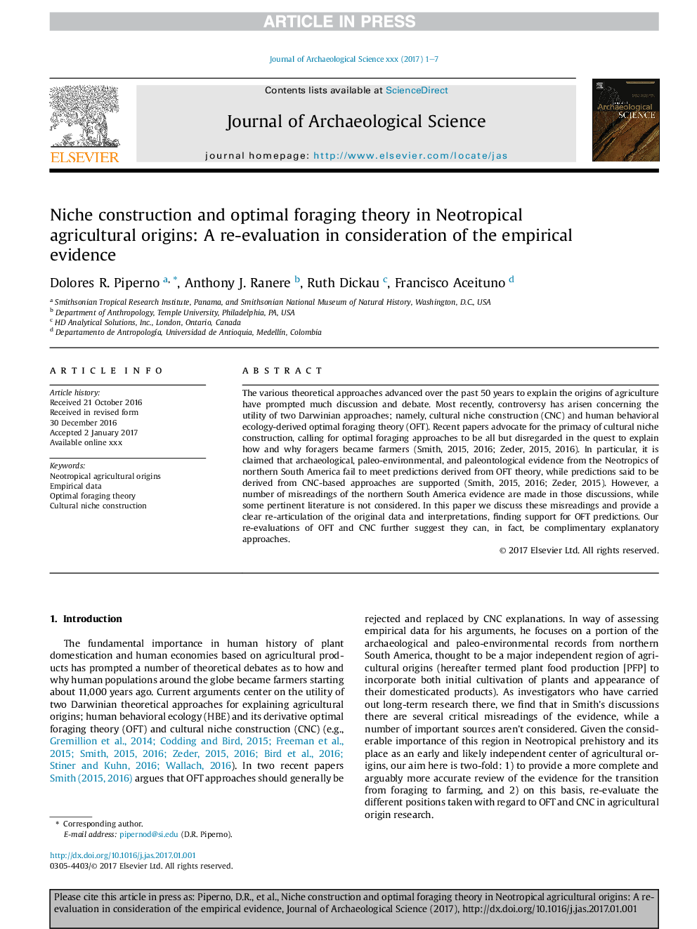 Niche construction and optimal foraging theory in Neotropical agricultural origins: A re-evaluation in consideration of the empirical evidence