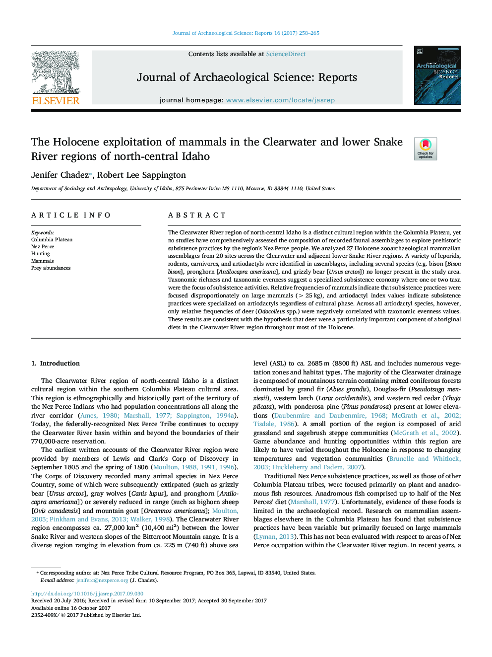 The Holocene exploitation of mammals in the Clearwater and lower Snake River regions of north-central Idaho