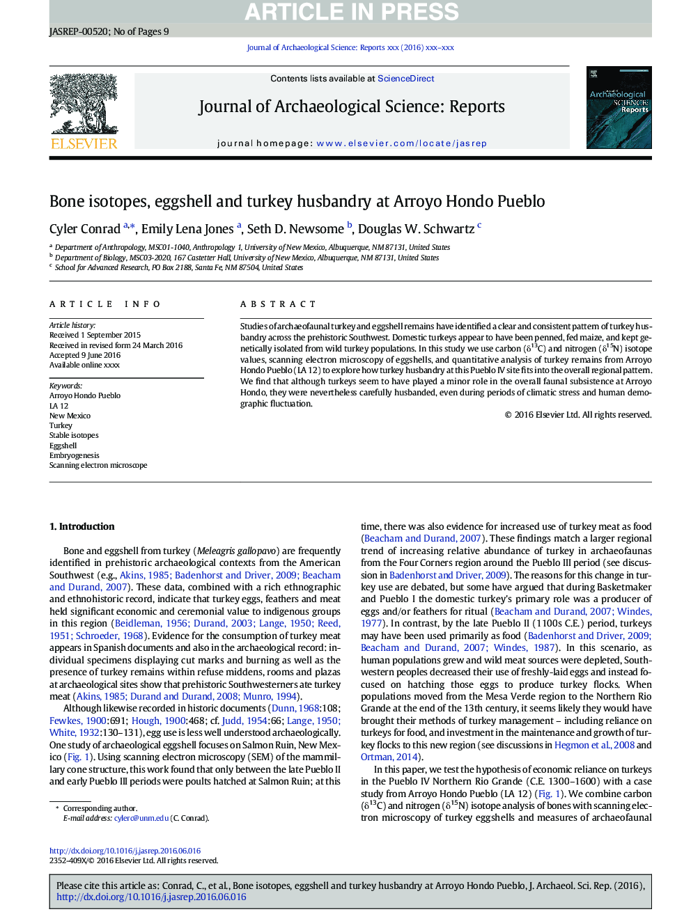 Bone isotopes, eggshell and turkey husbandry at Arroyo Hondo Pueblo