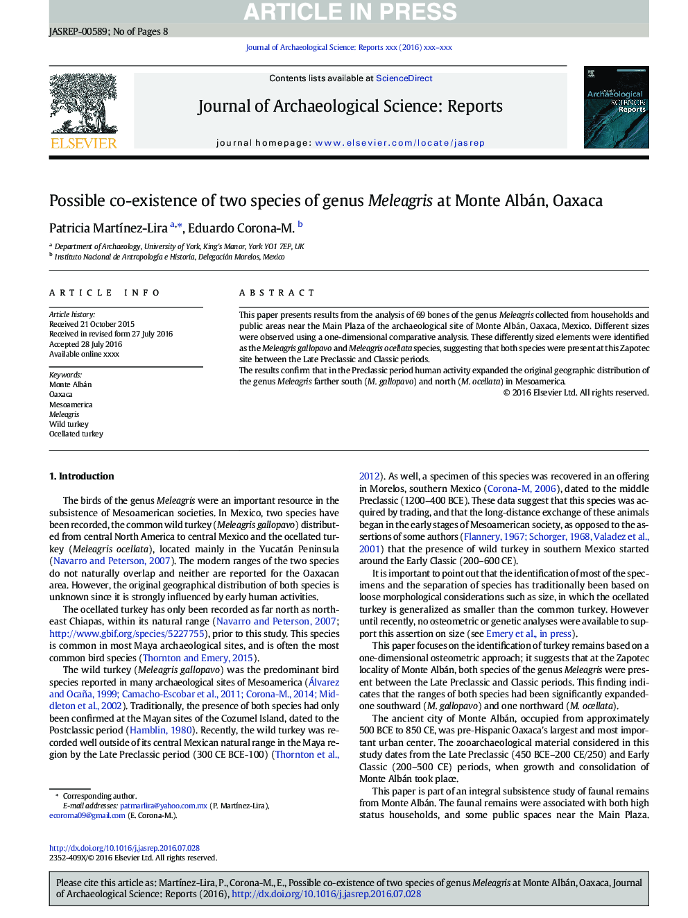 Possible co-existence of two species of genus Meleagris at Monte Albán, Oaxaca